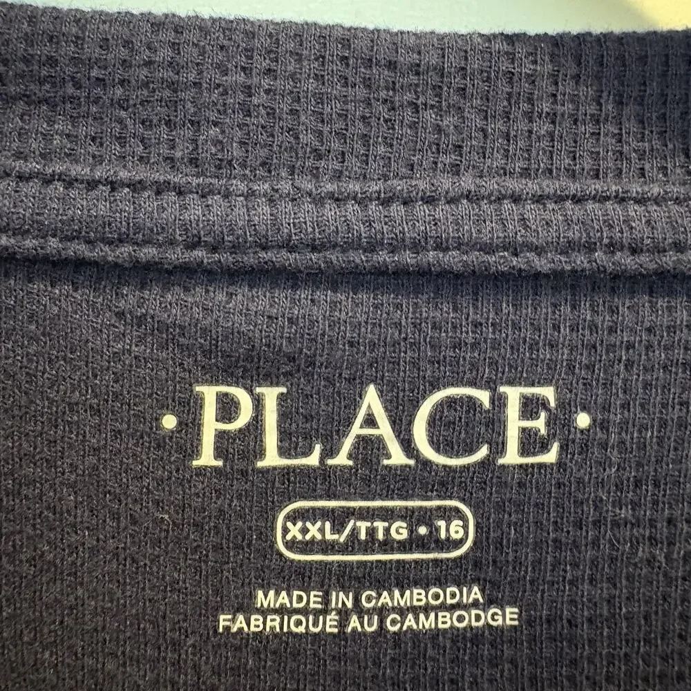Children's Place Henley Shirt Boys XXL 16 Navy Blue Waffle Thermal Long‎ Sleeve